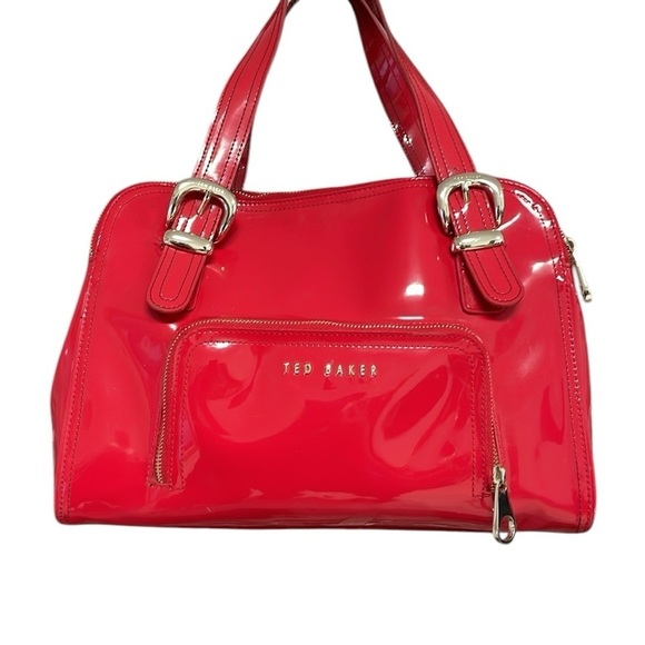 TED BAKER Purse Red Patent Bag Pockets Zip Gold Tone Hardware Satchel - Picture 1 of 14